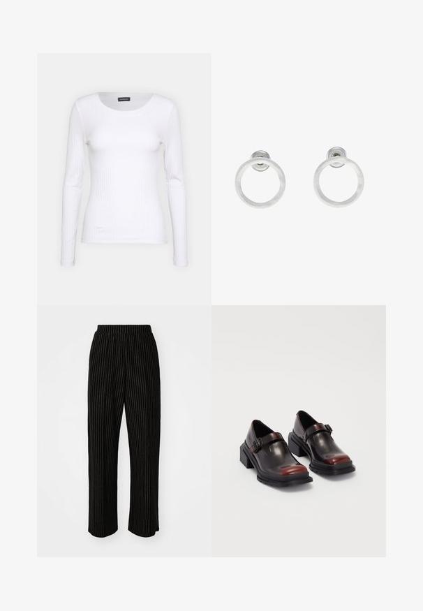Witte geribbelde langemouwen top met een ronde halslijn. Gemaakt van een rekbare stof die het lichaam volgt. Heeft subtiele horizontale lijnen.; Zwarte, wijde broek met witte verticale streepjes, voorzien van een elastische tailleband voor comfort en een zachte, gladde textuur.; Leren blokhak schoenen met een glanzende donkerburgundy afwerking, voorzien van een gespstrap en een rond neusstuk. Getextureerde zool voor grip.; Zilveren metalen ringoorbellen met een geborstelde textuur, met een ronde vorm en een transparante bevestiging voor een veilige draagwijze.