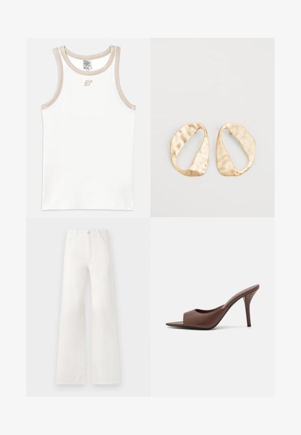 Weißes, geripptes Tanktop mit beigem Besatz und einem kleinen gestickten Logo auf der Vorderseite, das über einen runden Halsausschnitt und ärmelloses Design verfügt.; Weiße, hoch taillierte, weite Jeans aus Denim. Verfügt über einen Knopfverschluss, zwei Fronttaschen und Seitennähte mit Stickdetails.; Braune Leder-Open-Toe-Hochhackige Mules mit einem eleganten Design, das einen breiten Vorderriemen und einen schlanken Stiletto-Absatz aufweist.; Ein Paar unregelmäßige, oval geformte Ohrringe aus goldfarbenem Metall mit einer strukturierten, leicht gehämmerten Oberfläche auf weißem Hintergrund.