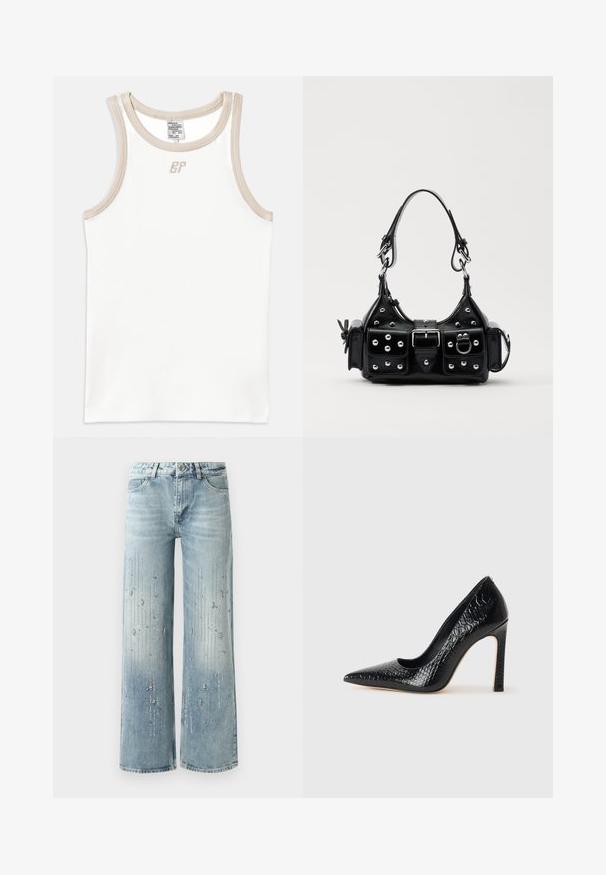 Top din materiale albe cu dungi, cu margini bej și un mic logo brodat pe față, având un decolteu rotund și un design fără mâneci.; Jeans largi de culoare albastru deschis, confecționați din denim, având un efect de culori în degrade și broderii din cristale strălucitoare argintii dispuse pe verticală.; Pantofii cu toc înalt, ascuțiți, de culoare neagră, cu textură de piele de crocodil, având un design elegant, toc în stil stiletto și interior neted de culoare neagră.; Geantă de piele neagră cu un design curbat, dotată cu studuri argintii, o cataramă și două buzunare laterale. Curea ajustabilă pentru opțiuni de transport.
