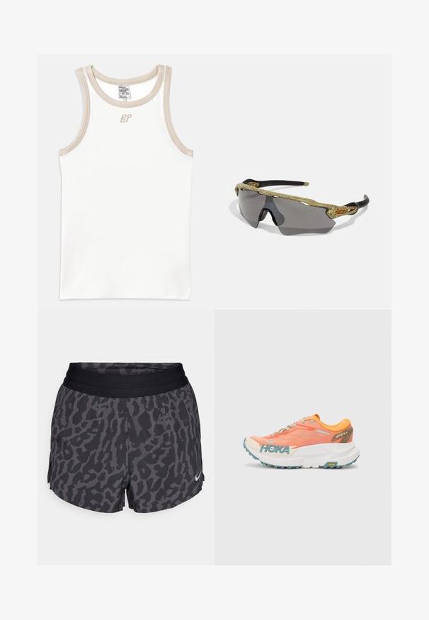 Valkoinen ribbitoppi beige-reunuksella ja pienellä brodeeratulla logolla edessä, jossa on pyöreä pääntie ja ilman hihoja.; Lyhyet housut musta-harmaa leopardi-kuvioinnilla, jossa on leveä elastinen vyötärönauha. Housuissa on hillitty kiilto ja pieni valkoinen Nike-logo alhaalla oikealla.; Oranssi ja vaaleanpunainen juoksukenkä, jossa verkkopäällinen, valkoinen väli-osa, Vibram-pohja ja vaalean siniset yksityiskohdat. HOKA-logot löytyvät sivulta.; Urheilusilmälasit vihreällä kuviotetulla kehyksellä, mustilla varsilla ja harmailla linsseillä. Muotoilu sisältää ympärivuotisen tyylin, jossa on rohkea ja urheilullinen muoto.