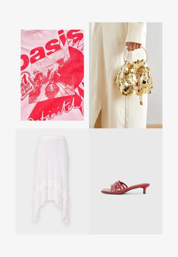 Svijetlo ružičasta majica s odvažnim crvenim grafičkim motivom s tekstom i ilustriranom scenom ljudi u prostoriji s namještajem i detaljima dekoracije.; Bijela čipkasta suknja s teksturiranim cvjetnim uzorkom, asimetričnom porubom i nabranim detaljima na dnu, koja ima elastičnu pasicu.; Crvene mules otvorene u prednjem dijelu s niskom petom, s više horizontalnih trakica s kružnim detaljima. Glatka, sjajna površina. Kvadratni oblik prednje strane.; Zlatna torba na šnalu sa šljokicama i kružnom drškom, koja sadrži sjajne okrugle šljokice i teksturiranu tkaninu. Dimenzije nisu navedene.