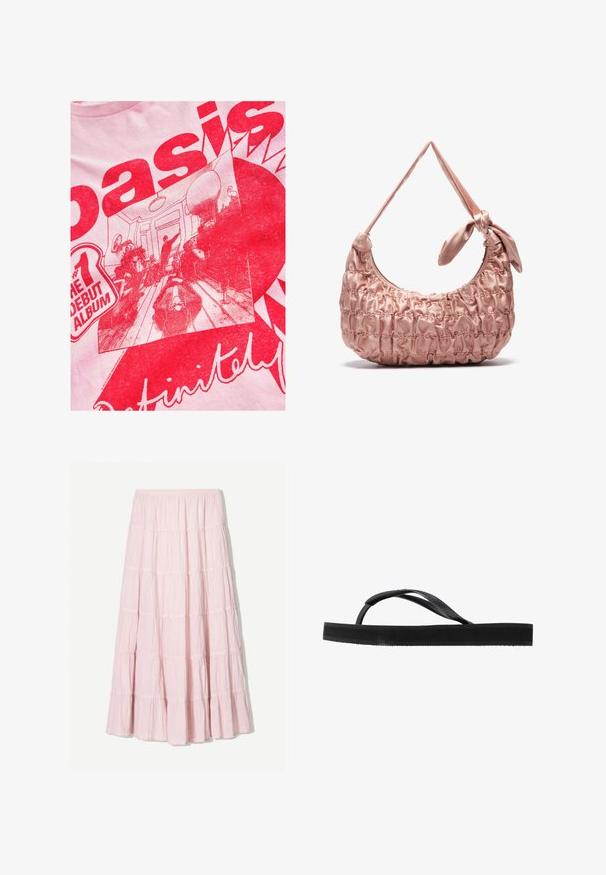 Lyserød t-shirt med en kraftig rød grafik, der indeholder tekst og en illustreret scene af mennesker i et værelse med møbler og dekorationsdetaljer.; Lys pink, lagdelt maxi skirt lavet af et tekstureret, letvægtsstof. Elastisk talje og flydende kant med flæse-detaljer.; Sort flip-flop med en tekstureret rem og tyk sål, der har et fladt design og en glat finish. Sålens underside har et let grip-mønster.; Lyserød satin skuldertaske med en samlet tekstur, buet form og en knyttet stropdetalje. Glat finish med syede accenter.