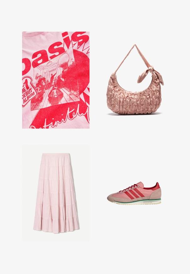Lyserød t-shirt med en kraftig rød grafik, der indeholder tekst og en illustreret scene af mennesker i et værelse med møbler og dekorationsdetaljer.; Lys pink, lagdelt maxi skirt lavet af et tekstureret, letvægtsstof. Elastisk talje og flydende kant med flæse-detaljer.; Lyserøde og røde sportssko med læder- og ruskindsdetaljer, tre stribede accenter, struktureret tunge og en sål med grønne striber.; Lyserød satin skuldertaske med en samlet tekstur, buet form og en knyttet stropdetalje. Glat finish med syede accenter.
