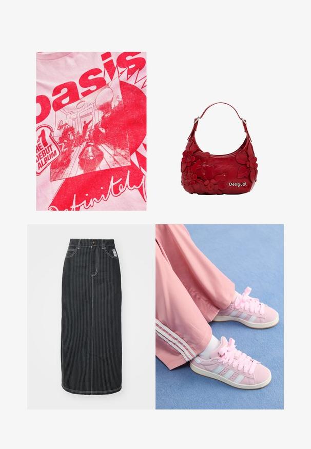 Camiseta de color rosa claro con un gráfico rojo en negrita que incluye texto y una escena ilustrada de personas en una habitación con detalles de muebles y decoración.; Falda midi de mezclilla negra con rayas verticales blancas. Presenta una cintura con botones, dos bolsillos delanteros y costuras de contraste. Diseño ajustado recto.; Zapatillas deportivas rosas con rayas azul claro, puntera redonda y cordones gruesos rosas, combinadas con pantalones de chándal rosas que tienen rayas laterales blancas.; Bolso de mano de piel roja con diseño de apliqués florales, forma curvada y un asa corta. Herrajes plateados y el nombre de la marca "Desigual" destacado de manera prominente.