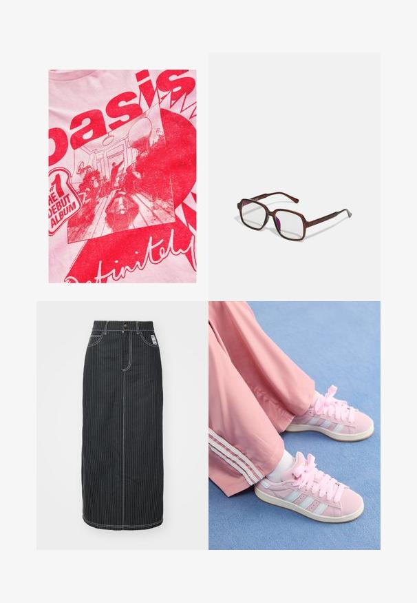 Šviesiai rožinė marškinė su ryškiu raudonu grafiniu dizainu, kuriame yra tekstas ir iliustruota scena su žmonėmis kambaryje, apstatytame baldais ir dekoracijomis.; Juodas džinsinis midi sijonas su baltais vertikaliais dryžiais. Su mygtukų juosmeniu, dviem priekinėmis kišenėmis ir kontrastingomis siūlėmis. Tiesios kirpimo dizainas.; Rožinės sportinės bateliai su šviesiai mėlynomis juostelėmis, apvaliu pirštu ir storomis rožinėmis raištelėmis, derinami su rožinėmis sportinėmis kelnėmis su baltomis šoninėmis juostelėmis.; Rudos, stačiakampiai akinių rėmeliai su skaidriais lęšiais ir violetiniais atspalviais. Lygus plastikinis rėmas su tiesiomis šventyklomis ir subtiliais akcentais.