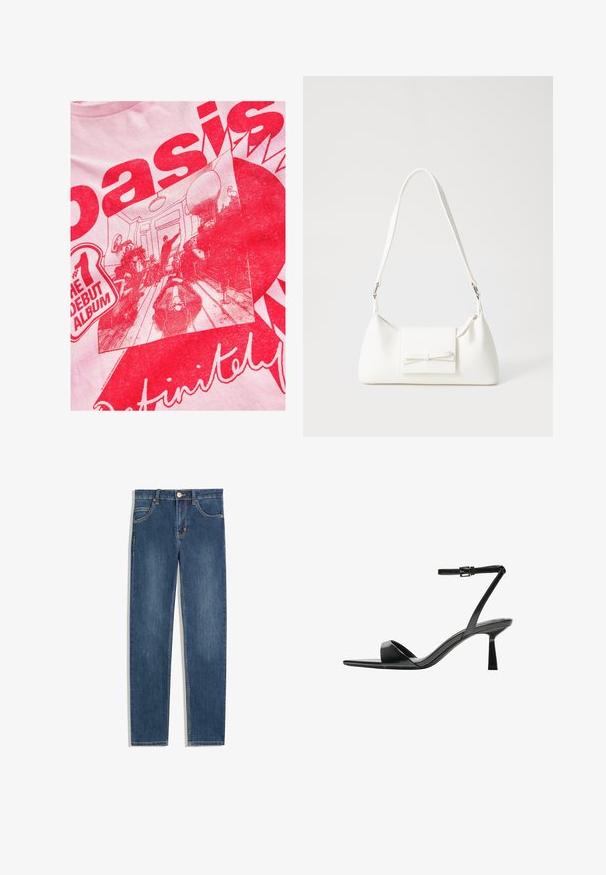 Vaaleanpunainen t-paita, jossa on rohkea punainen graafinen kuva, jossa on teksti sekä kuvasto ihmisistä huoneessa kalusteiden ja sisustustyylien yksityiskohtineen.; Tummansiniset farkut suoralla leikkauksella, viisi taskua, huomaamaton ompeluyksityiskohta ja metallinappi vyötäröllä.; Bershka Korolliset sandaalit - black; Valkoinen synteettinen käsilaukku, jossa on kolmikulmainen muoto, tasainen etu läppä ja nauhadetail, säädettävä olkahihna, sileä rakenne ja minimalinen muotoilu.