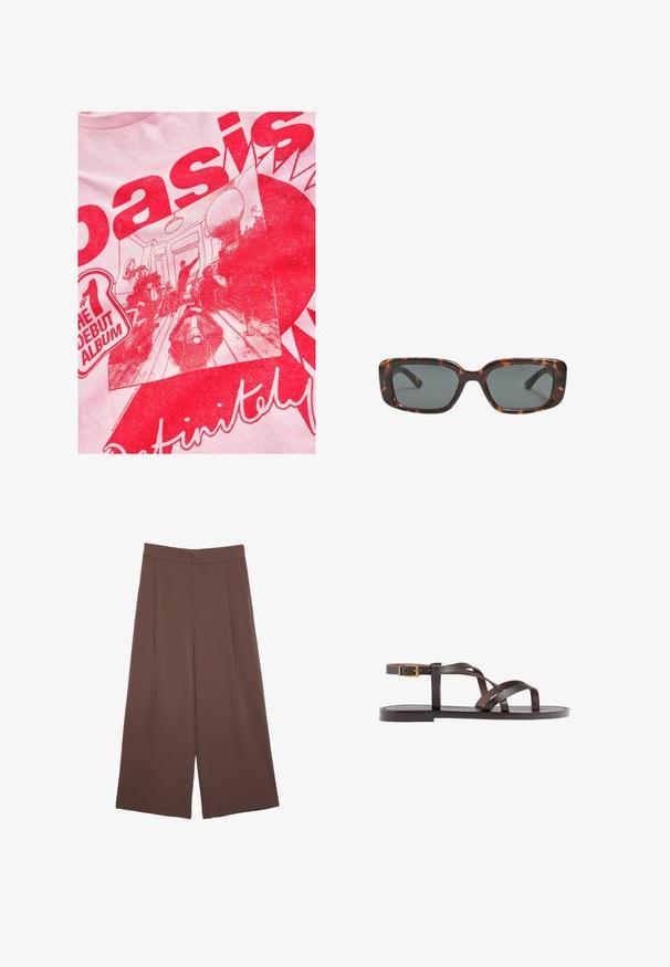 Lyserød t-shirt med en kraftig rød grafik, der indeholder tekst og en illustreret scene af mennesker i et værelse med møbler og dekorationsdetaljer.; Brune bredbunde bukser med en glat tekstur, der har høj talje og plisseringer foran. Stoffet er let og falder løst.; Brune lædersandal med krydsende stropper, ankelspænde og en flad sål med minimale syninger.; Skildpaddedesolbriller med rektangulære linser, tykke stel og mørkt tonede linser. Glat tekstur og minimalistisk design.