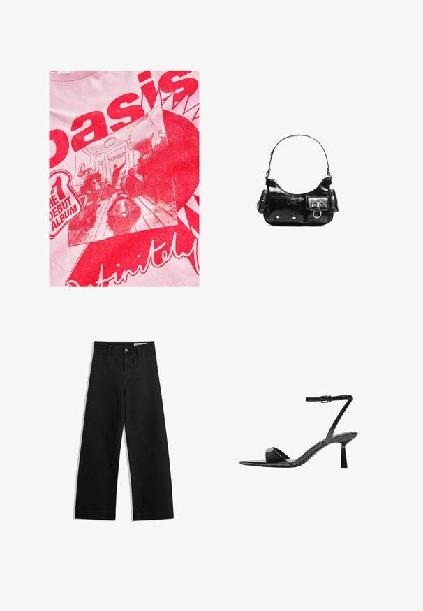 Lyserød t-shirt med en kraftig rød grafik, der indeholder tekst og en illustreret scene af mennesker i et værelse med møbler og dekorationsdetaljer.; Sorte wide-leg denim bukser med høj talje, der har front- og baglommer, syede sømme og en knaplukning. Glat tekstur.; Bershka Højhælede sandaletter / Højhælede sandaler - black; Sort patenteret læder håndtaske med en buet form, en skulderrem, frontlommer og hardware accenter i sølvfarve.
