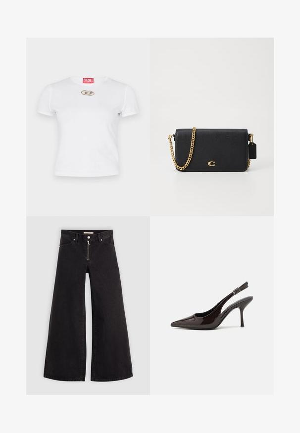 Balta medvilninė marškinėlių su prigludusia forma, trumpomis rankovėmis ir sidabriniu ovaliu logotipo akcentu ant krūtinės. Raudona prekės ženklo etiketė ant apykaklės.; Plačios kojų džinsai iš juodo džinsinio audinio su užtrauktuku priekyje, penkių kišenių dizainu ir subtiliais siuvinėjimo akcentais. Lygus paviršius ir laisvalaikio stilius.; Blizganti tamsiai ruda lakinės odos aukšto kulno bateliai, smailus nosis, atviros šoninės dalys ir reguliuojamas kulkšnies dirželis.; Juodas odinis rankinis krepšys su tekstūru, auksine grandine ir mažyte etikete. Pirmame plane išryškintas logotipas.
