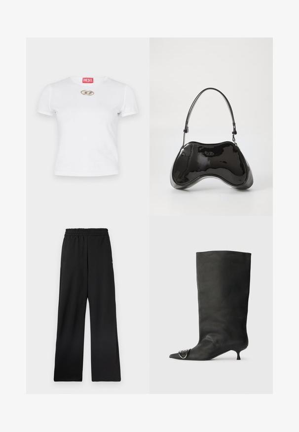Camiseta de algodón blanca con un diseño ajustado, mangas cortas y un acento de logotipo ovalado plateado en el pecho. Etiqueta de marca roja en el cuello.; Pantalones negros de pierna ancha con cinturilla elástica, fabricados con un material suave. No tienen bolsillos ni patrones distintivos.; Bota de cuero negra hasta el tobillo con punta afilada, tacón pequeño y detalle metálico en la punta. Textura suave y mate en toda la superficie.; Bolso de mano de piel sintética negra con un diseño curvado único, asas cortas y ajustables, y abertura con cremallera en la parte superior. Textura suave con una sutil marca.