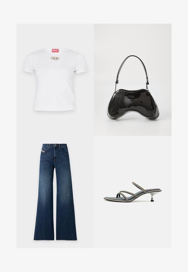 Weißes Baumwoll-T-Shirt mit enganpassendem Design, kurzen Ärmeln und einem silbernen ovalen Logo-Akzent auf der Brust. Rotes Markenetikett am Halsausschnitt.; Hoch taillierte, dunkelblaue weite Jeans mit Front- und Münztaschen, Knopfverschluss und dezenten Waschungseffekten an den Oberschenkeln.; Denim-Sandalette mit drei dünnen Riemen, verziert mit Strasssteinen, spitz zulaufender Zehenpartie und einem metallischen, Stiletto-ähnlichen Absatz. Rutschfeste Sohle.; Schwarze Handtasche aus lackiertem Leder mit einer einzigartigen, geschwungenen Form, kurzem verstellbarem Griff und einem Reißverschluss oben. Glatte Textur mit dezentem Branding.