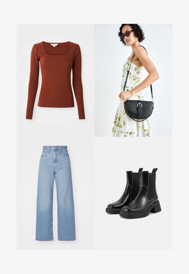 Top cu mâneci lungi de culoare ruginită, cu un decolteu pătrat, siluetă ajustată și un mic etichetă a brandului la guler.; Jeans cu talie înaltă, de culoare albastru deschis, cu croială largă, dotate cu nasture și fermoar la față, buzunare în față și spate, pe un fundal alb.; Botine Chelsea din piele neagră, cu toc masiv, panouri laterale elastice și cusături albe contrastante. Finisaj texturat.; Geantă din piele neagră, cu o formă curbată, curea detașabilă și accesorii aurii. Geanta are un capac cu un detaliu tip cataramă.