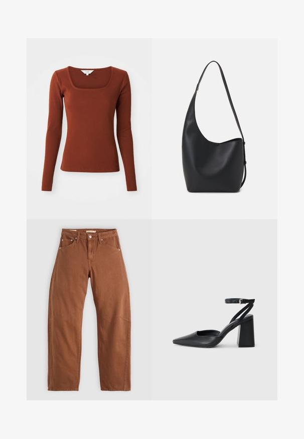 Rostfarbene, gerippte Langarmbluse mit quadratischem Ausschnitt, figurbetonter Silhouette und einem kleinen Markenlabel am Kragen.; Rostbraune gerade geschnittene Jeans mit Vorder- und Hintertaschen, Metallnieten, Knopfverschluss und Gürtelschlaufen, flach auf einem weißen Hintergrund ausgelegt.; Schwarze Leder-Pumps mit spitzer Zehe, einem Knöchelriemen und einem blockigen Absatz. Flache Textur, elegantes Design und minimalistische Ästhetik.; Schwarze Leder-Hobo-Tasche mit einer glatten Textur, geschwungener Form und einem einzelnen verstellbaren Tragegurt; verfügt über eine weite Öffnung am oberen Ende.