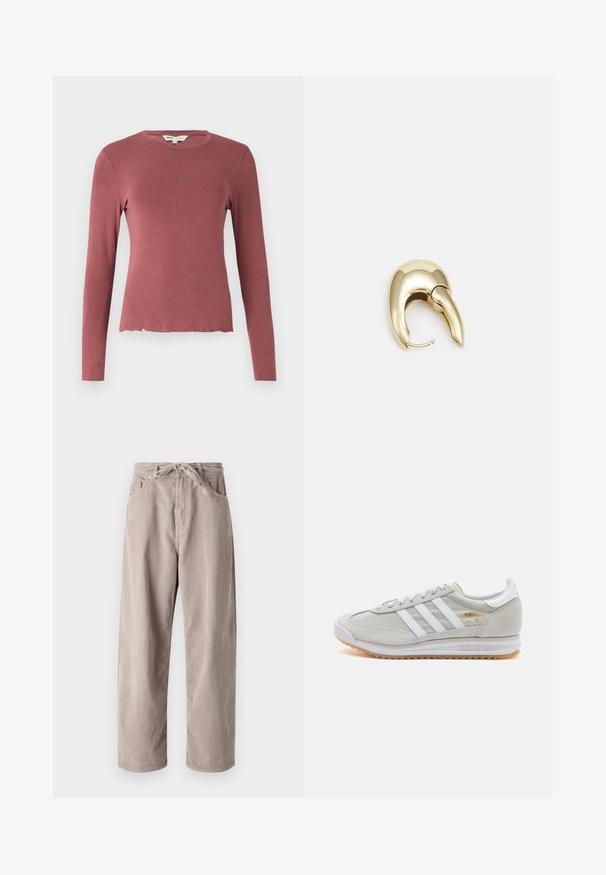 Pikkade varrukatega särk tolmuroosas, millel on ümar kaelus ja veidi lühikeseks lõigatud, laineline hem. Sile ja elastne kangas.; Beige kammkootud püksid, millel on mugav lõige, paelaga vöökoht, kaks eesmist taskut ja vertikaalne soonik tekstuur.; Heled hallid tossud, mis on valmistatud nubukist ja võrgust, millel on kolm valget triipu, ümmargune varvas ja kummist tald. Kuldne logoelement paelte lähedal.; Kuldtooni metallist kõrvarõngas, millel on elegantne ja kaarjas disain. Omab silmapaistvat teravat kuju, poleeritud pinda ja hingesulgemist.