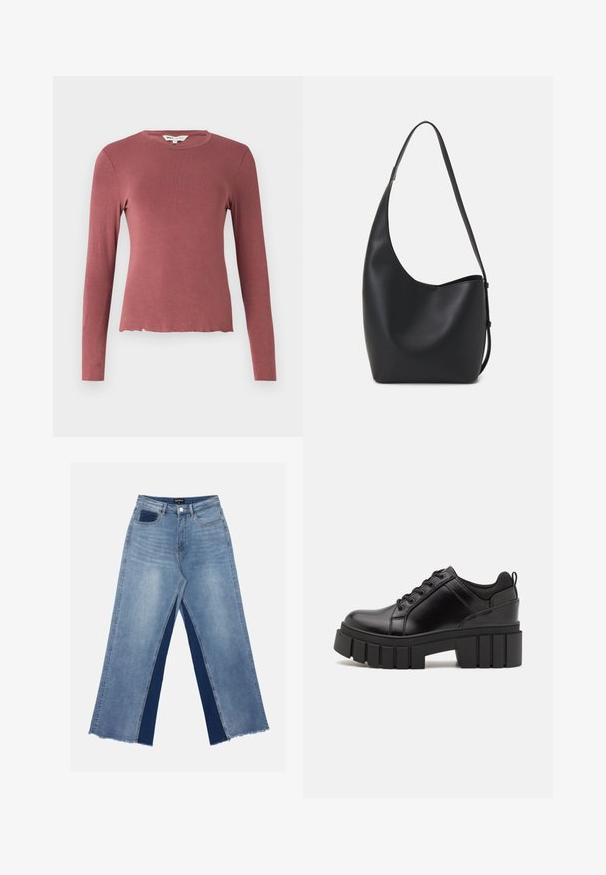 Pikkade varrukatega särk tolmuroosas, millel on ümar kaelus ja veidi lühikeseks lõigatud, laineline hem. Sile ja elastne kangas.; Heledad sinine laiemate jalgadega teksapüksid kontrastsete tumedate siniste paneelidega, lõhikud allääres ja tavaline talje metallnupuga kinnitamiseks.; Must musta platvormsussid paksu plokkninal, ümmarguse varbaga ja traditsioonilise nööridega kinnitamisega. Sussid on sileda tekstuuriga ja minimaalsete detailidega.; Mustast nahast hobo kott, millel on sile tekstuur, kumer kuju ja üks reguleeritav rihm; peal on lai avaus.