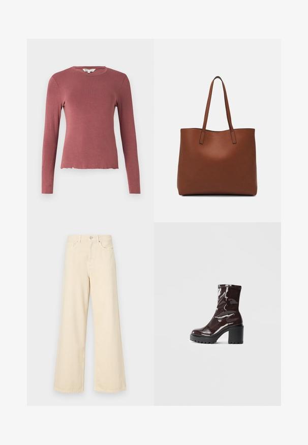 Ilgų rankovių marškiniai susilpnintu rožiniu atspalviu, turintys apvalią iškirptę ir šiek tiek trumpą, banguotą apatinę dalį. Lygus, elastingas audinys.; Bežinės plačios kojos džinsai, pagaminti iš medvilnės. Turintys sagos uždarymą, diržo kilpas ir priekinės kišenes su lygia, švelnia tekstūra.; Blizgus burgundių spalvos kulknapis su tankiu juodu kulnu, pasižymintis lygiu paviršiumi ir paprastu dizainu. Nėra matomų užsegimų ar raštų.; Ruda odinė priekabų krepšys su glotnia tekstūra, atviru viršumi ir dviem petnešomis. Su minimalia siuvimo detalėmis ir nematoma aparatūra.