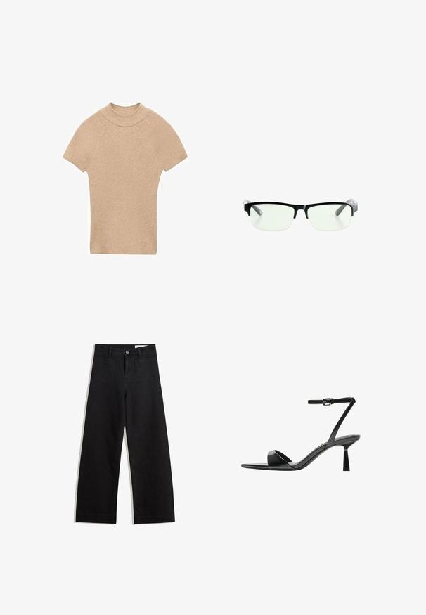 Mango Tricou basic - sand; Pantaloni din denim negri cu picioare largi, cu talie înaltă, având buzunare frontale și posterioare, cusături dublate și închidere cu nasture. Textură netedă.; Bershka Sandale cu toc - black; Ochelari de vedere rectangulari negri, cu lentile clare, având rame negre elegante și vârfuri de brad transparente gri. Design minimalist, fără marcaje vizibile.