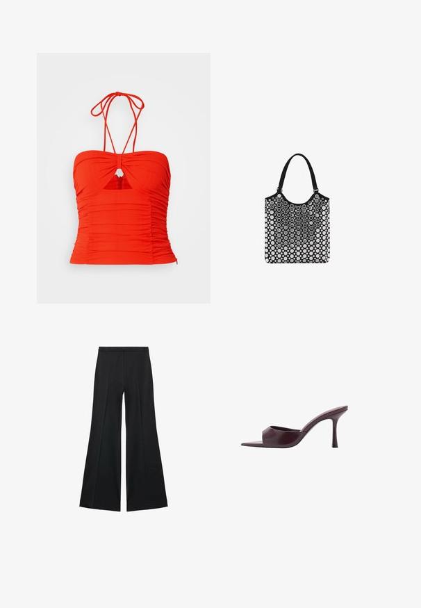 Top halter rosso aderente con texture arricciata, dettaglio a chiave al centro e spalline regolabili. Chiusura con zip sul retro.; Pantaloni neri a gamba larga con una texture liscia, caratterizzati da pieghe frontali e un design sartoriale. Il tessuto è leggero e fluido.; Mule in pelle liscia color bordeaux con tacco a spillo e punta quadrata. Presenta un design elegante e minimalista con un tacco affusolato.; Borsa tote bianca e nera con parte superiore arrotondata, caratterizzata da un motivo a bolle, realizzata in materiale morbido e dotata di due robuste maniglie in tessuto.