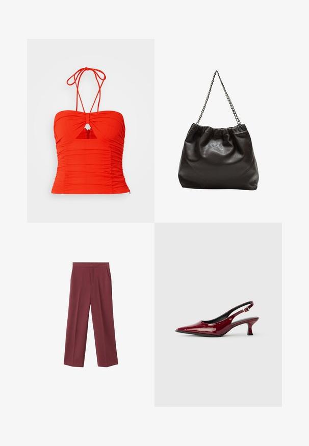Rdeča prilegajoča halter majica z nabrano teksturo, ključavnico na sredini in nastavljivimi vezalkami. Zadrga na hrbtni strani.; Maroonske široke hlače z gladko teksturo, ki imajo stranske žepke in visok pas. Prilagojene z čistim sprednjim pregibom.; Burgundske paten kože slingback pete s oštrim nosom i elegantnom stiletto petom. Dizajn s otvorenom stražnjom stranom s podesivim detaljem na remenu oko gležnja.; Rjava usnjena torba z nabranim vrhom in verižnim trakom. Gladka tekstura z sijajno površino in subtilnimi šivi na straneh.
