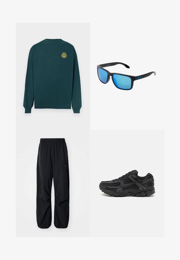 Tamsiai žalias medvilnės marškinėliai ilgomis rankovėmis su apvalia iškirpte, viršutinėje nugaros dalyje turi geltoną emblema. Paprastas, laisvas kirpimas.; Juodos lengvos krovininės kelnės su elastinga juosmeniu, šoninėmis užtrauktukais ir erdviomis kišenėmis. Turi laisvą prigludimą ir siaurėjančius rankogalius.; Juoda sportinė avalynė su tinklelio viršumi, guma padu ir tekstūruotomis detalėmis. Dizainas apima išryškintą raištelių sistemą ir paminkštintą padą.; Stilingi juodi saulės akiniai su mėlynais veidrodiniais objektyvais, kvadratiniais rėmeliais ir mėlyna akcentu ant šventyklos. Pagaminti iš lengvo plastiko.