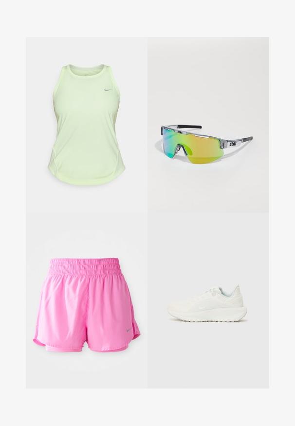 Ljusgrön atletisk tanktop i andningsbart material, med rund halsringning, breda axelband och en liten grå logotyp på bröstet.; Rosa sportshorts med ett smockat midjeband, tillverkade av lättviktsmaterial. Har en grå Nike-logotyp och en lagerdesign för andningsförmåga.; Vitaidrottsskor i vitt med en texturerad ovandel, vadderat krage och snörning. Har en böjd yttersula och diskret logotyp på sidan.; Sportiga solglasögon med en klar plastbåge, stora linser i grön till gul gradering och svarta detaljer på bågarna.