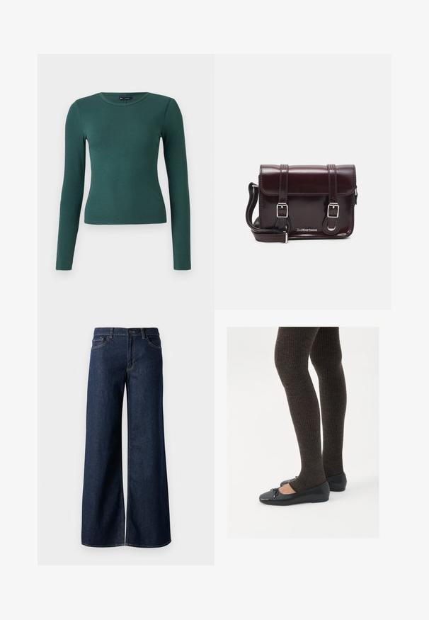 Langarm-Rippenoberteil in Dunkelgrün. Verfügt über einen Rundhalsausschnitt und eine enganliegende Passform, hergestellt aus weichem, dehnbarem Material.; Weite Jeans in dunkelblauem Denim. Merkmale sind kontrastierende Nähte, fünf Taschen und ein Knopfverschluss an der Taille. Glatte Textur.; Schwarze flache Schuhe mit einem kleinen Schleifendetail an der Zehe, kombiniert mit dunkelbraunen gerippten Strumpfhosen. Die Schuhe haben eine glatte Textur und ein niedriges Profil.; Burgunderfarbene Patelleder-Crossbody-Tasche mit rechteckiger Form, zwei Riemen, silberfarbener Hardware und einem Klappenverschluss.