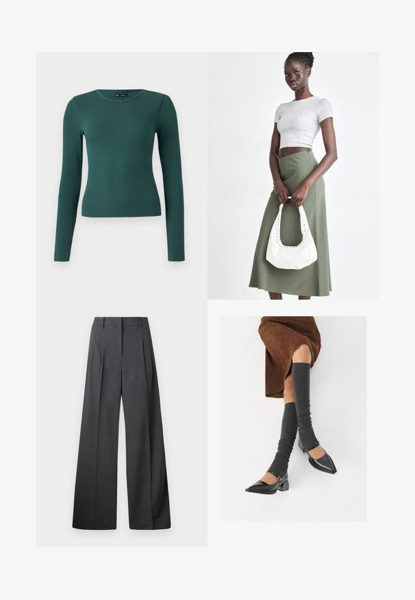 Långärmad, ribbad topp i mörkgrön. Har en rund halsringning och åtsittande design, tillverkad av mjukt, elastiskt material.; Vida byxor i mörkgrått tyg, med hög midja, enkla veck och en mjuk yta med en ren finish vid fållen.; Svarta lackläderskor med spetsig tå, blockklack och ankelrem, i kombination med grå ribbade benvärmare och en brun mockakjol.; Grå ribbad crop top och olivgrön högmidjad kjol. Modellen håller en vit axelremsväska med utskärningar. Enkelt design, tight passform.