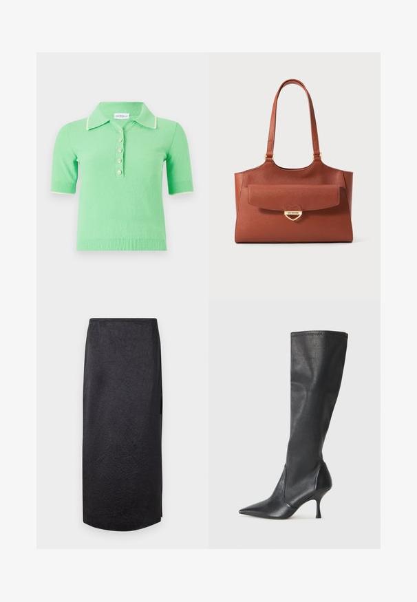 Kortärmad polo tröja i ljusgrön med en texturerad tyg, med en vit krage och fem dekorativa knappar.; Svart midi kjol med krinklad textur, rak skärning och sidoflik. Materialet verkar lätt. Kjolens fåll är något rundad.; Knähöga svarta läderstövlar med spetsig tå och smal stilettklack. Slät textur med en åtsittande design och sömnad vid övre kanten.; Brun läder tote-väska med långa handtag, framfickafack och guldhjärtformat spänne ingraverat med "Love Moschino."