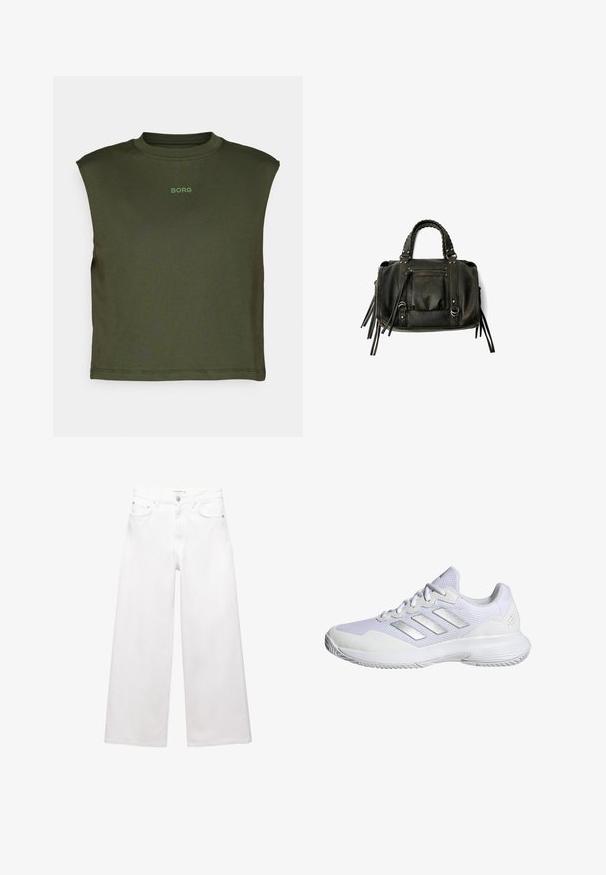Olívazöld, ujjatlan felső puha anyagból, kerek nyakkivágással és a mellkason finom, világosabb zöld "BORG" logóval.; Fehér, bő szárú farmernadrág, pamutból készült, magas derekú, öt zsebes kialakítással és réz hardver díszítéssel. Simább, nem kopott textúra.; Fehér sportcipő, hálós felsőrésszel, texturált panelekkel és ezüst részletekkel. Jellemzője a párnázott talp és a kerek orrdesign.; Fekete bőrtáska fonott füllel, cipzáras zsebbel és lógó bojtokkal. Texturált felület fém szegecsekkel és hardver díszítésekkel.