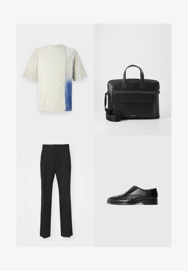 Short-sleeve t-shirt made of cotton, featuring a gradient from light cream to deep blue, with a vertical stitch detail and logo.; Black tailored trousers featuring a straight leg design, two front pockets, and a double-button closure at the waistband. Smooth fabric texture.; Black leather dress shoe with a rounded toe, smooth texture, lace-up design, and a subtle seam detail, featuring a low, flat heel.; Black leather briefcase with dual top handles, a front pocket, and a detachable strap, featuring subtle branding at the bottom.