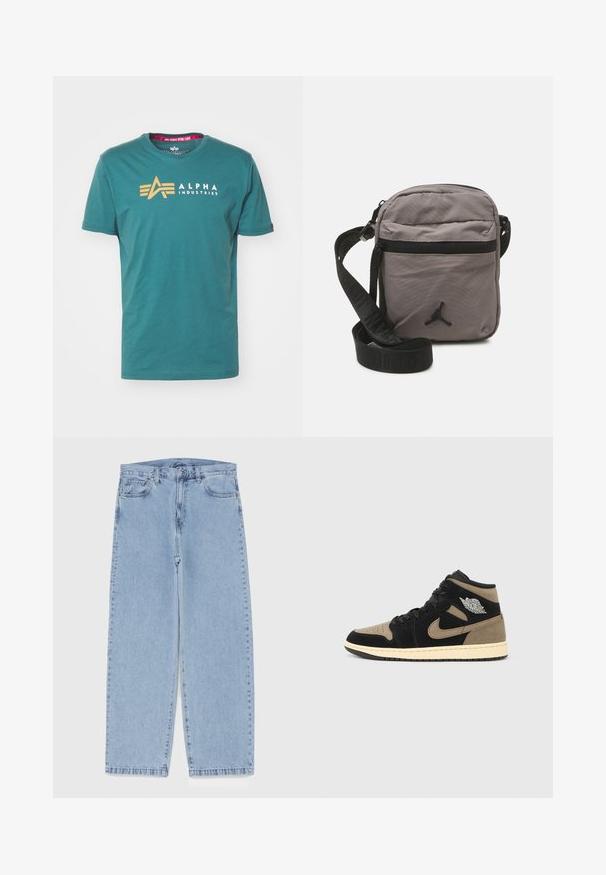 Tricou din bumbac teal cu mâneci scurte. Prezintă un logo auriu și textul "ALPHA INDUSTRIES" pe față. Guler clasic de tip crew.; Jeans din denim de culoare albastru deschis, cu un design cu picioare drepte, având talie medie, cinci buzunare și un sistem de închidere cu nasture și fermoar.; Pantofi sport cu talpă înaltă, confecționați din piele întoarsă neagră și bej, cu varf decupat, talpă intermediară bej, șireturi negre și un logo argintiu pe lateral.; Geantă de umăr din nylon gri, cu un buzunar frontal cu fermoar, curea neagră ajustabilă și accent cu logo negru pe față. Design compact și ușor.; Rucsac navy cu accente roșii, multiple compartimente cu fermoar, insigne cu logo-uri și curele reglabile. Fabricat dintr-un material durable.