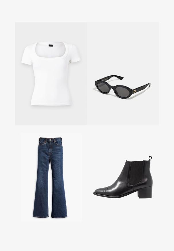 Valge lühikeste varrukatega t-särk, millel on ruudukujuline kaelus, valmistatud ribakudumist. Omab sobivat disaini ja sujuvat tekstuuri.; Kõrgelt talje sinised teksapüksid, flöödid säärtedega, ees nupuga ja tõmbluku sulgemine ning viie-tasku disain.; Mustmustest musta nahast king, millel on elastsed külg-paneelid, ümara varbaosa ja tekstureeritud plokk-kand. Tagaküljel on mugavaks selga panemiseks aas.; Mustad mustad prillid tumedate läätsedega ja läikiva plastraamiga. Omab kuldset logo põlveosal, pakkudes stiilset ja kaasaegset disaini.