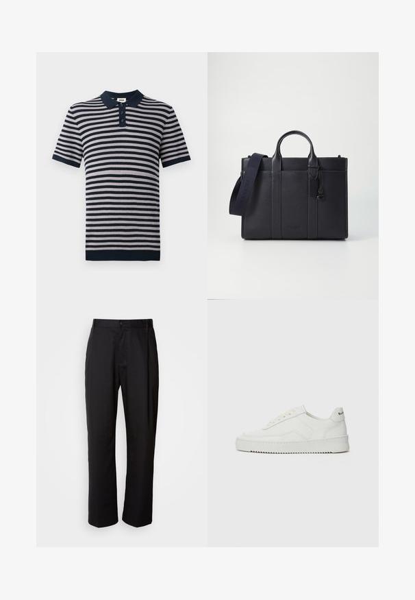 Polo w paski w kolorze granatowym i jasnoróżowym, z krótkimi rękawami, granatowym kołnierzykiem oraz listwą na trzy guziki. Teksturowany materiał dzianinowy.; Czarne spodnie o prostym kroju, wykonane z lekkiego materiału. Posiadają przód zapinany na guzik oraz dwie boczne kieszenie; gładka tekstura.; Białe skórzane sneakersy o gładkim wykończeniu, okrągłym nosku, płaskich sznurówkach i teksturowanej podeszwie. Charakteryzują się delikatnym logo na pięcie.; Ciemnogranatowa skórzana teczka z podwójnymi rączkami u góry i odpinanym paskiem. Posiada teksturowane wykończenie, pionowe przeszycia oraz detal z logo.