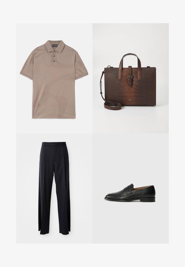 Světle hnědá polo tričko s jemným texturovaným vzorem, tříknoflíkovým zapínáním a límečkovým designem, na kterém je opakovaně uvedeno jméno značky.; Černé kalhoty s vysokým pasem a širokým střihem, vyrobené z hladké látky. Mají přední sklady a poutka na opasek. Minimalistický design, bez viditelného kovového hardwaru.; Černé kožené mokasíny s kulatou špičkou, jemným prošíváním a nízkým podpatkem, s hladkým povrchem a minimalistickým designem.; Hnědá kabelka z krokodýlí kůže s embosováním, s horními uchy a odnímatelným ramenním popruhem. Disponuje sponou na zavírání a obdélníkovým tvarem.
