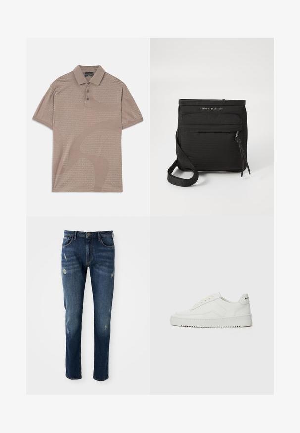 Hnedé polo tričko s jemným textúrovaným vzorom, trojbotónkovou légou a golierovým dizajnom, ktorý obsahuje názov značky v opakujúcom sa štýle.; Tmavomodré denimové jeansy s úzkym strihom, s jemným opotrebovaním na stehnách a kolenách, klasický dizajn s piatimi vreckami a zapínaním na gombík.; Biele kožené tenisky s hladkým povrchom, okrúly špičkový dizajn, ploché šnúrky a textúrovaná podrážka. Obsahujú jemné logo na päte.; Čierna crossbody taška Emporio Armani s predným zipsovým vreckom, nastaviteľným popruhom a logom na textúrovanej tkanine.