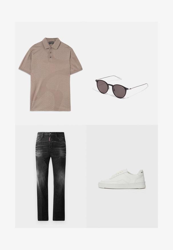 Světle hnědá polo tričko s jemným texturovaným vzorem, tříknoflíkovým zapínáním a límečkovým designem, na kterém je opakovaně uvedeno jméno značky.; Černé džíny z denimu se rovnými nohavicemi. Obsahují vybledlé oblasti, drobné poškození, klasický pětikapsový design a zapínání na knoflík.; Bílé kožené tenisky s hladkým povrchem, kulatou špičkou, plochými tkaničkami a texturovanou podrážkou. Na patě se nachází nenápadné logo.; Černé kulaté sluneční brýle s tmavými skly a tenkými kovovými nohami. Obsahují průhledné koncovky nožiček a stříbrné akcenty na pantu. Minimalistický design.