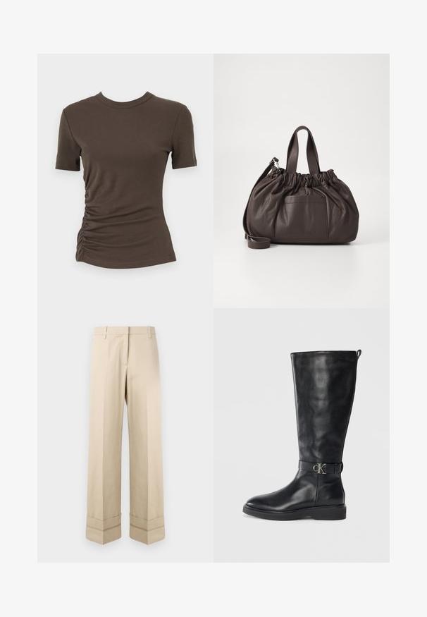 T-shirt marrone aderente realizzato in morbido cotone, con maniche corte e lati arricciati per un aspetto texturizzato. Collo rotondo.; Pantaloni beige con vestibilità dritta, caratterizzati da un doppio risvolto all'orlo e un design frontale piatto. Realizzati in tessuto liscio e resistente.; Stivale in pelle nera fino al ginocchio con tacco basso, punta rotonda e cinturino con fibbia metallica "CK" attorno alla caviglia.; Samsøe Samsøe SAEMMI MIDI BAG - Borsa a mano - dark brown