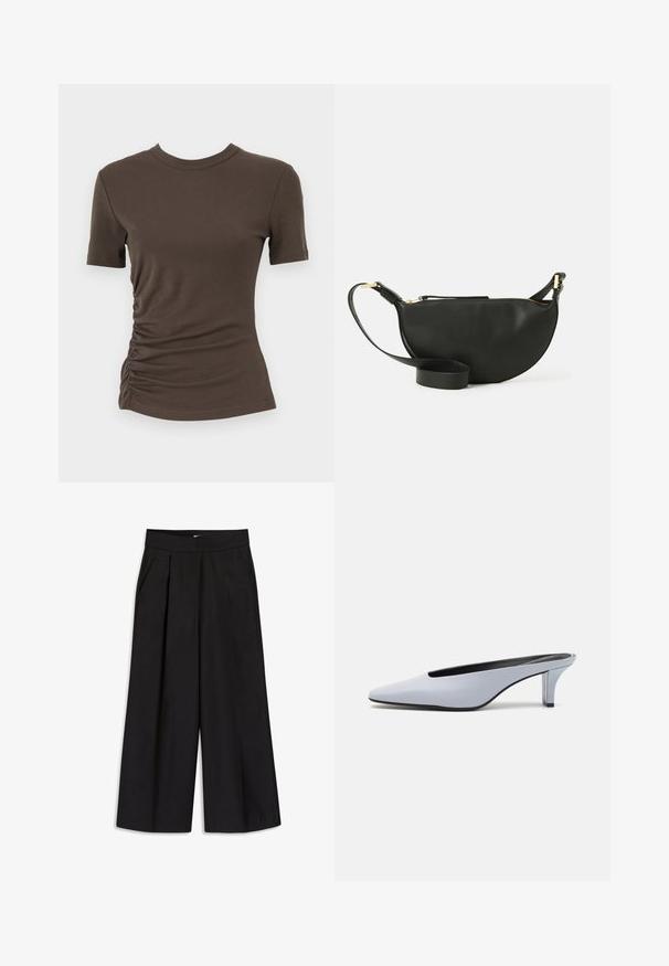 Pruun fitted t-särk, mis on valmistatud pehmest puuvillast, lühikeste varrukatega ja rihinädudega külgedel, et anda tekstuurne välimus. Ümmargune kaelus.; Mustad laiad mustad püksid voldikutega, vööloopide ja küljetaskutega. Sile kangas hoolikalt viimistletud. Ilma nähtava riistvara või mustriteta.; Heled sinine lakknahast suss, millel on terav ninatipp, madal läbipaistev konts ja voolujooneline disain, millel on lõige vampi juures.; Mustmust kott poolkuu kuju, tekstuurse pinnaga, kuldne tõmblukk ja lame rihm. Kompaktne disain, mis sobib igapäevaste essementide jaoks.