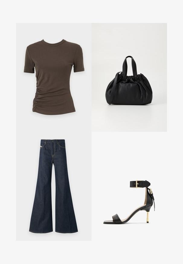 Brown fitted t-shirt made from soft cotton, featuring short sleeves and gathered sides for a textured appearance. Round neckline.; Dark blue flared jeans made of denim, featuring a high waist, gold stitching accents, and two front pockets with a button closure.; Black leather heeled sandal with a square toe, ankle strap featuring a gold buckle, and a slender metallic heel. Smooth texture, minimalist design.; Black leather handbag with a gathered top design, featuring two short handles and a long adjustable strap. Smooth texture, rounded shape.