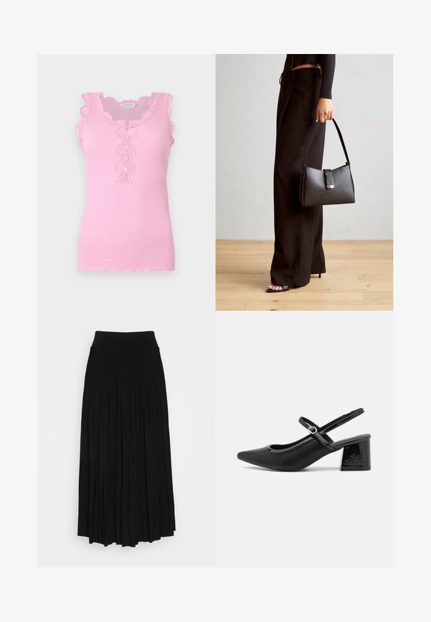 Roosa ribatatud top, millel on lainelise pitsiga ääreline, nööbid ees ja sobiv disain. Pehme tekstuur ja varrukateta stiil.; Must mustriga seelik kõrge ja veniva vöökohaga. Valmistatud pehmest kangast, millel on vertikaalsed volangid voolava silueti saavutamiseks.; Mustad läikivad nahast slingback-kõrged kontsad, millel on terav nina, ümar lõikekujundus ja blokknina. Omab kuldset nupu aktsenti.; Must musta kott, millel on struktureeritud kuju, sile tekstuur ja metallist klamber. Kombineeritud laiate mustade pükstega ja avatud varvaste sandaalidega puidust põrandal.