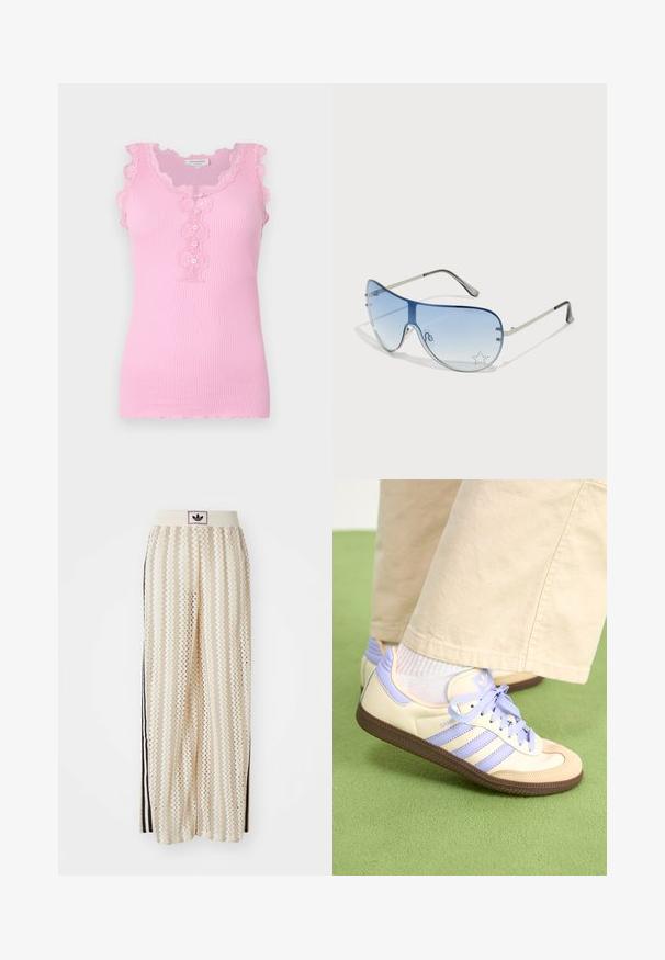 Rosa ribbed Tanktop mit gewelltem Spitzenbesatz, Knopfdetail vorne und figurnaher Passform. Weicher Stoff und ärmelloses Design.; Cremfarbene, weit geschnittene Hosen mit einem Zickzackmuster, ausgestattet mit einem schwarzen Logo-Bund und seitlichen schwarzen Streifen. Leichter, strukturierter Stoff.; Cremefarbene und lavendelfarbene Sneakers mit drei Streifen und einer strukturierten braunen Sohle, ausgestattet mit Schnürsenkeln und einer gepolsterten Ferse. Obermaterial aus weichem Stoff.; Flugzeugbrille mit einem verlaufenden blauen Glase, silbernem Metallrahmen und dekorativen Sternelementen auf dem Glas. Glattes und elegantes Design.