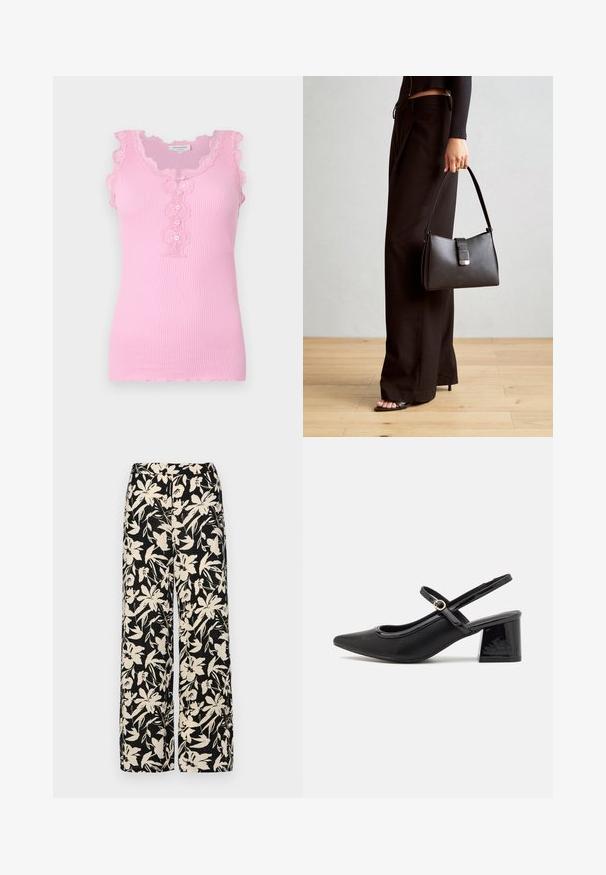 Roosa ribatatud top, millel on lainelise pitsiga ääreline, nööbid ees ja sobiv disain. Pehme tekstuur ja varrukateta stiil.; Mustad laiad püksid kreemja lillemustriga. Valmistatud kergest kangast, millel on sile tekstuur ja kõrge vöökoht.; Mustad läikivad nahast slingback-kõrged kontsad, millel on terav nina, ümar lõikekujundus ja blokknina. Omab kuldset nupu aktsenti.; Must musta kott, millel on struktureeritud kuju, sile tekstuur ja metallist klamber. Kombineeritud laiate mustade pükstega ja avatud varvaste sandaalidega puidust põrandal.