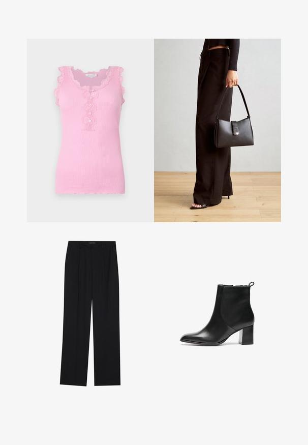 Débardeur rose côtelé avec bordure en dentelle festonnée, détail de boutons sur le devant et design ajusté. Texture douce et style sans manches.; Pantalons noirs à coupe droite, dotés de deux poches avant et d'une taille. Fabriqués dans un tissu lisse et léger.; Bottes noires en cuir à hauteur de cheville avec un bout arrondi, un talon bloc de hauteur moyenne et une languette à l'arrière. Texture lisse, design minimal.; Sac à main noir à la forme structurée, texture lisse et fermoir métallique. Associé à un pantalon noir ample et des sandales ouvertes sur un sol en bois.