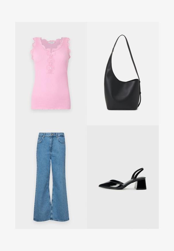 Top de tirantes de color rosa con ribete de encaje en forma de onda, detalle de botones en la parte delantera y un diseño ajustado. Textura suave y estilo sin mangas.; Jeans acampanados de color azul claro hechos de denim, con una cintura alta, cinco bolsillos y un cierre de botón. Textura suave con acabado desgastado.; Zapatos de tacón slingback de charol negro con punta afilada y tacón geométrico en bloque. Presentan un diseño elegante y minimalista, así como una textura suave.; Bolso tipo hobo de cuero negro con una textura suave, forma curvada y una sola correa ajustable; presenta una amplia apertura en la parte superior.