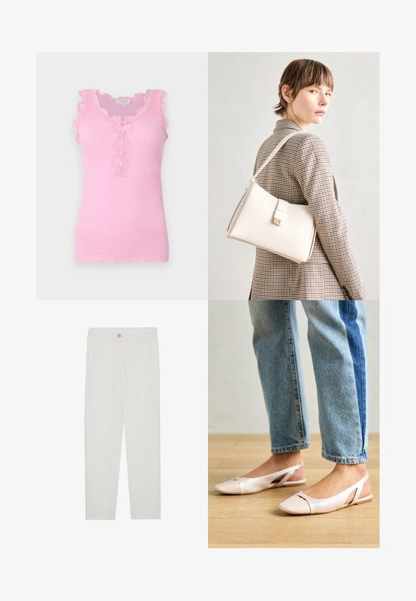 Rožinė briaunuota tankų maikutė su banguotomis nėrinėmis, sagų detale priekyje ir prigludusia forma. Minkšta tekstūra ir be rankovių dizainas.; Baltos, pritaikytos kelnės su tiesaus kirpimo dizainu, su sagčių uždarymu, dirželių kilpomis ir šoninėmis kišenėmis; lygus audinio tekstūros.; Šviesiai rožiniai slingback baleto bateliai su smailiu pirštu, pagaminti iš lygios odai panašios medžiagos. Yra išpjovimų detalės šonuose ir plokščias kulnas.; Balto odos rankinė su struktūrizuotu dizainu, turinti magnetinį užsegimą ir petnešą, demonstruojama prieš neutralią foną.