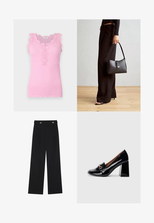 Rosa ribbed Tanktop mit gewelltem Spitzenbesatz, Knopfdetail vorne und figurnaher Passform. Weicher Stoff und ärmelloses Design.; Schwarze weite Hosen mit hoher Taille, Knopfdetails am Bund und vorderen Falten.; Schwarzer Lackleder-Pumps mit spitzer Zehenform und Blockabsatz. Verfügt über einen dekorativen Riemen und eine Schnallendetail auf dem Vorderblatt.; Schwarze Handtasche mit strukturierter Form, glatter Textur und einem metallischen Verschluss. Kombiniert mit weiten schwarzen Hosen und offenen Sandalen auf einem Holzboden.