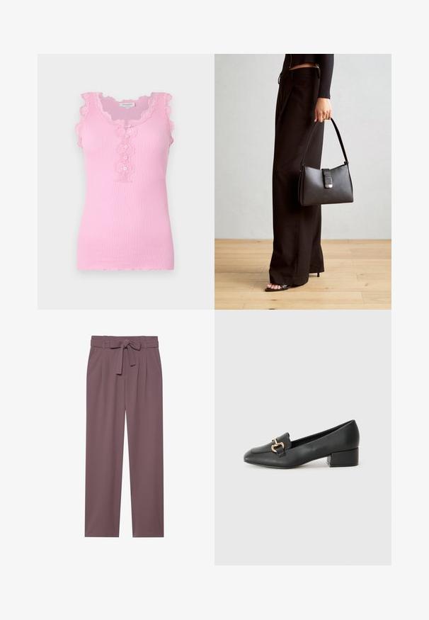 Lyserød ribbet tanktop med bølgede blondekanter, knapdetalje ned foran og en tætsiddende pasform. Blød tekstur og uden ærmer.; Plumfarvede bukser med bred benstørrelse, bæltet talje, plisseret front og glat tekstur. Har sidelommer og skræddersyet design.; Sorte læder loafers med flad hæl, der har en dekorativ guldhardwaredetalje foran og en glat overflade.; Sort håndtaske med struktureret form, glat overflade og metalspænde. Sammen med brede sorte bukser og sandaler med åben tå på trægulv.