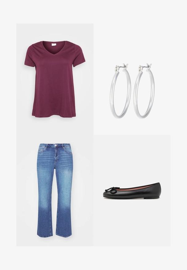 Lyhythihainen, luumu värinen V-pääntie T-paita esillä valkoista taustaa vasten, joka korostaa rentoa ja väljä muotoilua.; Denim-farkut vaaleasta keskitason sinisestä gradientista. Ominaisuuksiin kuuluu suora lahje, viisi taskua ja ommeltu yksityiskohta saumoissa.; Musta nahkainen ballerina, jossa on pyöreä kärki, koristetasku ja sileä pinta. Minimalistinen muotoilu, jossa on matala, tasainen pohja.; Hope-silver rengas, joissa on sileä ja kiillotettu pinta. Pyöreä muoto ja turvallinen napsautettava lukitus. Kevyt muotoilu sopii päivittäiseen käyttöön.