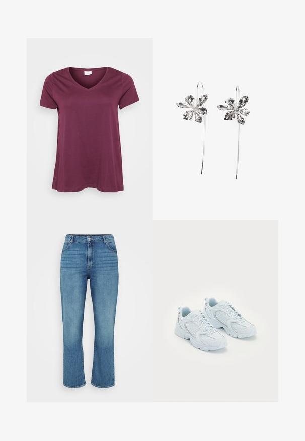 Short-sleeved, plum V-neck t-shirt displayed against a white background, showcasing a casual, relaxed fit.; Light blue denim jeans with a straight leg design, featuring five pockets, belt loops, and subtle fading on the front.; Light blue athletic shoes with a mesh and synthetic upper, featuring white polka dots and reflective accents, lace-up design, and cushioned soles.; Silver flower-shaped earrings with a textured finish, featuring long hooks and petal-like details for an intricate design.