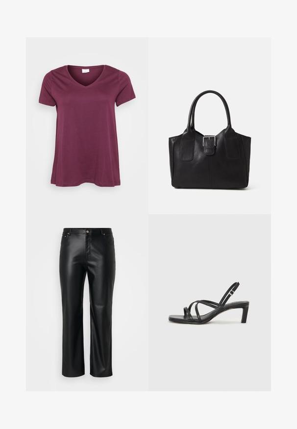 Rövid ujjú, szilva színű V-nyakú póló, fehér háttér előtt bemutatva, amely egy laza, kényelmes fitet sugall.; Fekete műbőr nadrág egyenes szabással, övbújtatókkal, elülső zsebekkel és cipzáras átkapcsolóval, gombos záródással. Simább textúra.; Fekete pántos szandál négyzetes orral és alacsony blokk sarkal. Több vékony pánttal és állítható boka pánttal rendelkezik. Sima bőrből készült.; Fekete bőr bevásárlótáska sima textúrával, strukturált formával, két fogantyúval és egy figyelemfelkeltő ezüst csattal az elején.